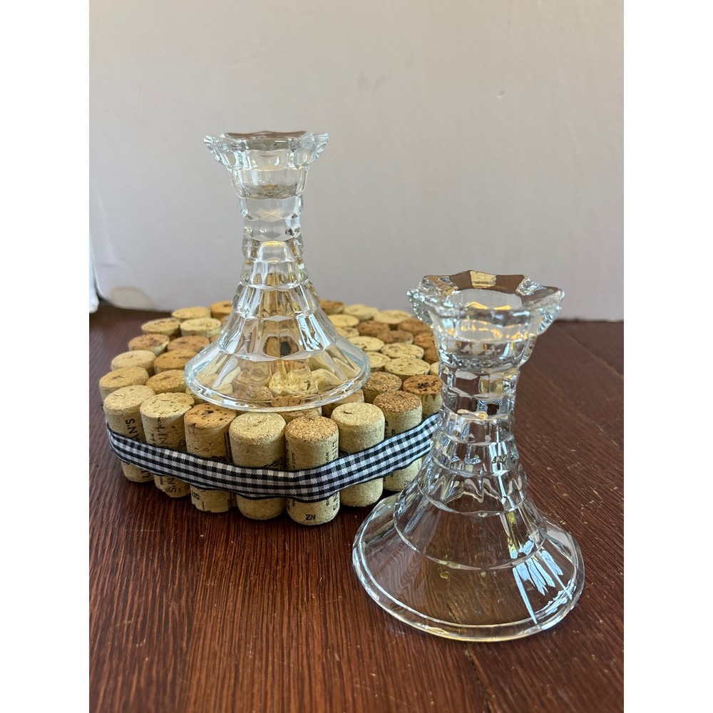 Homco Clear Pressed Glass Candlestick Holders Pair Vintage Faceted Taper 4 Inch
